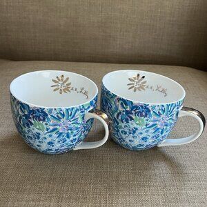 2 Lilly Pulitzer Gold w Blue Floral Large Coffee Tea Cup Mugs